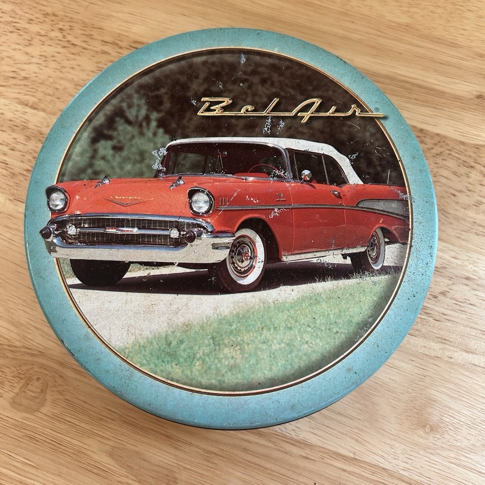 Vintage 1957 Chevy Chevrolet collector tin round cars red decor man cave 50s